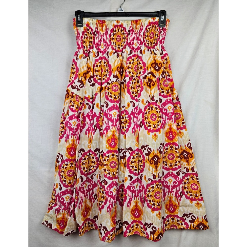 Ophelia Roe‎ Pink Orange Medallion Smocked Waist Midi Skirt Large Boho Tiered